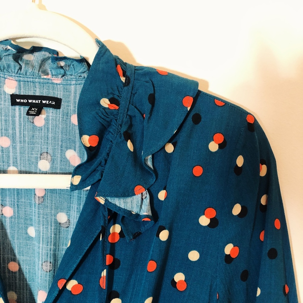 WHO WHAT WEAR Teal Polka Dot Ruffle Blouse